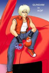 Rule 34 | char aznable, cosplay, fatal fury, gundam, hat, lowres, mask, mobile suit gundam, parody, sitting, snk, terry bogard, terry bogard (cosplay), the king of fighters