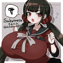 Rule 34 | 1girl, alternate breast size, black hair, blush, breasts, collarbone, dadadanoda, danganronpa (series), danganronpa v3: killing harmony, harukawa maki, huge breasts, looking at viewer, open mouth, red eyes, red shirt, shirt, solo, spoken squiggle, squiggle, sweatdrop, taut clothes, taut shirt, twintails, upper body