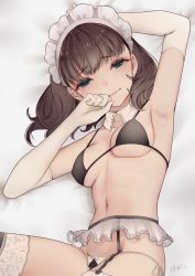 Rule 34 | 1girl, arm up, armpits, bad id, bad twitter id, bed, bikini, blue eyes, blush, breasts, brown hair, closed mouth, detached collar, elbow gloves, garter belt, garter straps, gloves, groin, highres, idolmaster, idolmaster cinderella girls, lace, lace-trimmed garter belt, lace-trimmed legwear, lace trim, looking at viewer, lying, maid, maid bikini, maid headdress, medium hair, on back, sakuma mayu, see-through, see-through legwear, side-tie bikini bottom, signature, small breasts, solo, swimsuit, thighhighs, uminosobadashi, unconventional maid, wavy mouth