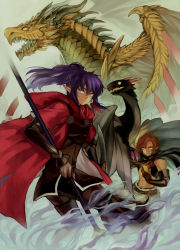 Rule 34 | 2boys, bad id, bad pixiv id, cloak, dragon, earrings, highres, hood, jewelry, multiple boys, pants, pixiv fantasia, pixiv fantasia new world, pointy ears, polearm, ponytail, purple hair, red hair, roma (kagamimusi), scales, smile, spear, teeth, weapon, wings