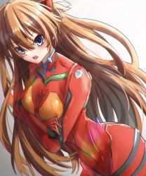 Rule 34 | 1girl, alternate hair length, alternate hairstyle, artist request, blue eyes, blush, bodysuit, breasts, brown hair, crossed arms, curvy, eyelashes, eyepatch, gradient background, hair between eyes, hairpods, highres, long hair, looking at viewer, medium breasts, neon genesis evangelion, open mouth, plugsuit, red bodysuit, shiny clothes, skin tight, souryuu asuka langley, standing, tsundere, two side up, very long hair, wide hips