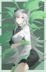 Rule 34 | 1girl, absurdres, arknights, asymmetrical sleeves, black shirt, black shorts, bun cover, chinese commentary, commentary, cowboy shot, gloves, green gloves, grey hair, hair between eyes, highres, hokago-tt, leaf, long hair, long sleeves, looking at viewer, mulberry (arknights), mulberry (plant crude drug) (arknights), parted lips, purple eyes, shirt, short sleeves, shorts, solo, two-tone shirt, very long hair, white shirt