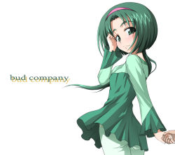 Rule 34 | 00s, 1girl, akimoto komachi, casual, green eyes, green hair, green theme, hairband, holding hands, long hair, looking back, matsushima kei, ponytail, precure, smile, solo focus, yes! precure 5