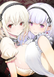 Rule 34 | 2girls, anchor ornament, azur lane, bare shoulders, black hairband, black ribbon, breast press, breasts, center frills, closed mouth, covered erect nipples, crossed bangs, dido (azur lane), earrings, eyelashes, frills, hair between eyes, hairband, highres, huge breasts, jewelry, looking at viewer, multiple girls, muramasa mikado, puffy short sleeves, puffy sleeves, purple eyes, red eyes, ribbon, short hair, short sleeves, sideboob, sirius (azur lane), symmetrical docking, white hair