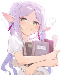 Rule 34 | 1girl, :3, book, closed mouth, dress, earrings, elf, frieren, from below, green eyes, grey hair, hair over shoulder, highres, holding, holding book, holding scroll, jewelry, long hair, looking at viewer, parted bangs, picogames off, pointy ears, puff of air, puffy short sleeves, puffy sleeves, purple hair, scroll, short sleeves, simple background, solo, sousou no frieren, twintails, upper body, white background, white dress