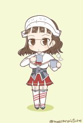 Rule 34 | 10s, 1girl, brown eyes, brown hair, capelet, chibi, cup, glasses, highres, kantai collection, mae (maesanpicture), mug, pince-nez, roma (kancolle), short hair, simple background, socks, solo, steam, striped clothes, striped legwear, striped socks, twitter username