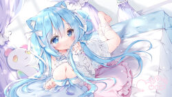 Rule 34 | 1girl, animal ears, barefoot, bed, bed sheet, blue eyes, blue hair, blush, bow, bowtie, breasts, cat ears, cleavage, highres, indie virtual youtuber, long hair, medium breasts, moco ofuton, pillow, smile, soraneko kurumi, twintails, uwu, virtual youtuber, white bow, white bowtie