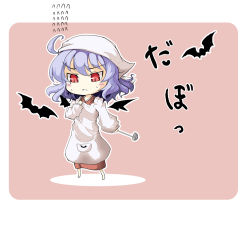 Rule 34 | 1girl, bat (animal), bat wings, blue hair, female focus, head scarf, holding, ladle, mintmochi (artist), mochinabe, outline, paw print, pink background, red eyes, remilia scarlet, simple background, solo, standing, sweatdrop, touhou, translation request, wings