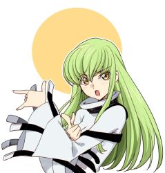 Rule 34 | 1girl, blush, breasts, c.c., code geass, creayus, green hair, hair between eyes, hands up, long hair, medium breasts, open mouth, sidelocks, solo, straitjacket, upper body, v-shaped eyebrows, white background, wide sleeves, yellow eyes