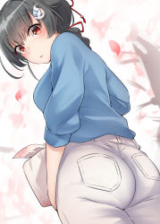 Rule 34 | 1girl, absurdres, black hair, blue shirt, blush, cherry blossoms, cowboy shot, hair flaps, hair ornament, highres, holding, jingei (kancolle), kantai collection, kiritto, long hair, looking back, open mouth, pants, petals, red eyes, shirt, solo, white pants