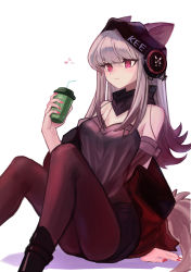 Rule 34 | 1girl, absurdres, animal ears, arknights, bare shoulders, beanie, black collar, black footwear, black hat, boots, collar, commentary request, cup, disposable cup, foot out of frame, fox ears, fox girl, fox tail, frostleaf (arknights), grey hair, hat, headphones, highres, holding, holding cup, knees up, long hair, looking at viewer, musical note, nail polish, off shoulder, pantyhose, phone, red eyes, red nails, red pantyhose, shino duka, sitting, solo, spread legs, tail