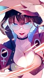 Rule 34 | 1girl, absurdres, arere r, black choker, black hair, blue eyes, bob cut, breasts, choker, cleavage, collarbone, glasses, guilty gear, guilty gear strive, hat, highres, i-no, jacket, large breasts, looking at viewer, mole, mole above mouth, open mouth, parted lips, red jacket, round eyewear, short hair, solo, upper body, witch hat