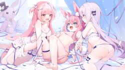 Rule 34 | 3girls, animal ear fluff, animal ears, ao jun, barefoot, black bow, blue bow, blue eyes, blue nails, blush, bow, bra, breasts, frilled bra, frills, full body, hair bow, hair ornament, hand in panties, hand on another&#039;s chest, hands on another&#039;s arms, holding, long hair, looking at another, medium breasts, multiple girls, open mouth, original, pajamas, panties, petals, pink hair, rabbit ears, red eyes, small breasts, socks, spoon hair ornament, striped bra, striped clothes, striped panties, stuffed animal, stuffed rabbit, stuffed toy, thigh bow, thigh strap, thighhighs, underwear, vertical-striped bra, vertical-striped clothes, vertical-striped panties, very long hair, white pajamas, white socks, white thighhighs, yellow eyes, yuri