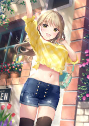 Rule 34 | 1girl, bag, black thighhighs, blonde hair, blouse, blue bag, blush, breasts, brown eyes, commentary request, cowboy shot, day, denim, denim shorts, flower, flower pot, from below, handbag, highres, large breasts, long hair, looking at viewer, mignon, navel, original, outdoors, pink flower, plaid, plaid shirt, plant, red flower, shirt, short shorts, shorts, smile, solo, standing, stomach, teeth, thighhighs, thighs, upper teeth only, yellow flower, yellow shirt