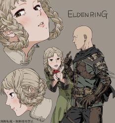 Rule 34 | 1boy, 1girl, armor, bald, blunt bangs, brown background, brown eyes, brown hair, collared dress, dagger, dress, elden ring, eyeshadow, flower, green dress, hair rings, highres, kamezaemon, knife, leaning forward, lips, braided hair rings, makeup, mole, mole under mouth, patches (from software), rya (elden ring), simple background, weapon