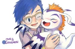 Rule 34 | ;d, ayame (artist), blue hair, blush, character name, child, claws, closed eyes, creature, digimon, digimon (creature), digimon adventure, glasses, gomamon, kido jo, male focus, one eye closed, open mouth, orange hair, short hair, simple background, smile, white background, wink
