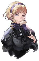 Rule 34 | 1girl, blazpu, blonde hair, blue eyes, blue hairband, closed mouth, constance von nuvelle, earrings, fire emblem, fire emblem: three houses, garreg mach monastery uniform, hairband, hand fan, highres, holding, jewelry, long sleeves, multicolored hair, nintendo, purple hair, short hair, simple background, solo, uniform, upper body, white background