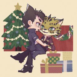 Rule 34 | 2boys, blush, character request, chibi, child, christmas tree, eye contact, hair ears, highres, hs 640, looking at another, male focus, multiple boys, panther boy, panther ears, protagonist 1 (housamo), sitting, sitting on person, smile, straddling, tokyo houkago summoners, yaoi