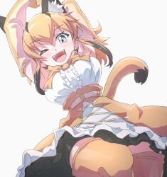 Rule 34 | 1girl, ;d, absurdres, animal ears, arms up, belt, blue eyes, bow, bowtie, caracal (kemono friends), cat ears, cat girl, cat tail, elbow gloves, extra ears, gloves, highres, kemono friends, kemono friends v project, long hair, looking at viewer, lowlandgorilla, one eye closed, open mouth, orange hair, shirt, simple background, skirt, sleeveless, sleeveless shirt, smile, solo, tail, teeth, thighhighs, tongue, upper teeth only, virtual youtuber