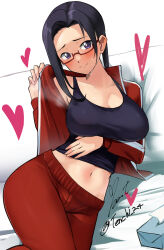 Rule 34 | 1girl, arm under breasts, black hair, black tank top, blush, breasts, closed mouth, crop top, demi-chan wa kataritai, forehead, glasses, heart, highres, jacket, large breasts, looking at viewer, lying, midriff, navel, on side, open clothes, open jacket, panties, pants, purple eyes, raised eyebrows, red-framed eyewear, red jacket, red panties, satou sakie, sidelocks, smile, solo, stomach, sweat, tank top, tissue box, track jacket, track pants, underwear, yoo tenchi