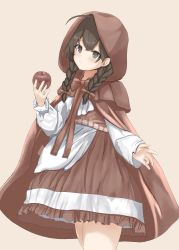 Rule 34 | 1girl, absurdres, apple, beige background, blouse, braid, brown eyes, brown hair, brown hood, brown skirt, cosplay, disuto, dress, food, fruit, highres, holding, holding food, holding fruit, hood, hood up, kantai collection, little red riding hood, little red riding hood (grimm), little red riding hood (grimm) (cosplay), long hair, long sleeves, shinshuu maru (kancolle), shirt, simple background, skirt, solo, standing, twin braids, white dress, white shirt