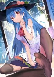 Rule 34 | 1girl, absurdres, black hat, black skirt, black thighhighs, blue hair, buttons, center frills, collared shirt, color guide, covering crotch, covering privates, frills, fruit hat ornament, hair between eyes, hat, hat ornament, highres, hinanawi tenshi, long hair, parted lips, peach hat ornament, rainbow order, red eyes, shirt, skirt, sleeveless, sleeveless shirt, solo, tetsurou (fe+), thighhighs, touhou, white shirt