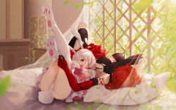 Rule 34 | 2girls, animal ears, asa ni haru, ass, asymmetrical gloves, bed sheet, breasts, cleavage, dress, dressing, elbow gloves, fox ears, gloves, hair ornament, highres, honkai (series), honkai impact 3rd, indoors, large breasts, legs up, lying, medium hair, mismatched gloves, multiple girls, murata himeko, murata himeko (blood rose), on back, on bed, open mouth, panties, pillow, ponytail, rabbit ears, rabbit tail, red eyes, red gloves, red hair, room, short hair, tail, theresa apocalypse, theresa apocalypse (sakuno rondo), thighhighs, underwear, white dress, white panties, window