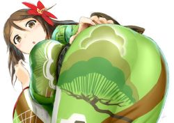 Rule 34 | 10s, 1girl, amagi (kancolle), ass, blush, breasts, brown eyes, brown hair, camouflage, ebizome, flower, green kimono, hair flower, hair ornament, japanese clothes, kantai collection, kimono, large breasts, long hair, looking at viewer, looking back, mole, mole under eye, open mouth, simple background, solo, twisted torso, uniform, white background, wide sleeves