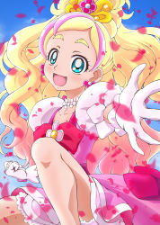 Rule 34 | 1girl, aikawa yousuke, blonde hair, blue background, blue eyes, bow, clenched hand, cure flora, earrings, eyebrows, flower, flower earrings, flower necklace, gloves, go! princess precure, haruno haruka, jewelry, long hair, looking at viewer, magical girl, multicolored hair, necklace, outstretched hand, petals, pink bow, pink hair, pink skirt, precure, skirt, smile, solo, squatting, streaked hair, thick eyebrows, two-tone hair, white gloves