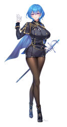 Rule 34 | 1girl, aiguillette, artist name, belt, black belt, black dress, black footwear, blue cape, blue hair, breasts, buttons, cape, character request, commission, copyright request, double-breasted, dress, earrings, epaulettes, full body, gloves, gold trim, highres, holding, holding sword, holding weapon, jewelry, large breasts, munlu (wolupus), pantyhose, purple eyes, ribbon, sheath, sheathed, short dress, skeb commission, solo, sword, weapon, white gloves, white ribbon