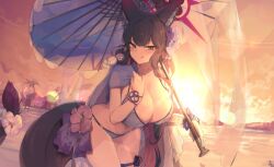 1girl animal_ear_fluff animal_ears bent_over bikini black_hair blue_archive blush breasts cleavage flower fox_ears fox_girl fox_tail gurenola hair_between_eyes hair_flower hair_ornament hand_on_own_chest highres holding holding_umbrella large_breasts long_hair looking_at_viewer pink_flower purple_bikini purple_flower purple_ribbon purple_umbrella ribbon sidelocks smile swimsuit tail thigh_strap tongue tongue_out umbrella wakamo_(blue_archive) wakamo_(swimsuit)_(blue_archive) yellow_eyes