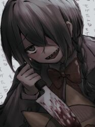 Rule 34 | 1girl, animal, bags under eyes, black eyes, black hair, blood, bloody knife, blush, bow, braid, brown jacket, buttons, cat, evil smile, funamusea, hair between eyes, hair over one eye, highres, holding, holding knife, jacket, knife, kurai yonaka, long hair, looking at viewer, mogeko (funamusea), mogeko castle, out of frame, plaid, plaid bow, red bow, shaded face, sharp teeth, smile, teeth, text background, twin braids, upper teeth only, vmein 46, white background