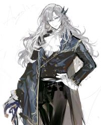 Rule 34 | 1boy, androgynous, argalia (project moon), ascot, bishounen, black cape, black jacket, black pants, braid, cane, cape, character name, cowboy shot, frilled sleeves, frills, gold trim, grey hair, hand on own hip, highres, jacket, library of ruina, long hair, looking at viewer, male focus, pants, project moon, remsrar, shirt, simple background, solo, white ascot, white background, white shirt, wing collar