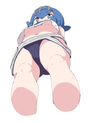 Rule 34 | 1girl, blue eyes, blue hair, blue sailor collar, breasts, bright pupils, clothes pull, commentary request, creatures (company), cropped legs, from below, game freak, hairband, highres, knees, lana (pokemon), navel, nintendo, no bra, noa (nagareboshi), one-piece swimsuit, one-piece swimsuit pull, pokemon, pokemon sm, sailor collar, shirt, short hair, simple background, small breasts, solo, swimsuit, swimsuit under clothes, thighs, underboob, upshirt, white background, white pupils, white shirt, yellow hairband