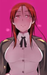 Rule 34 | 1girl, black ribbon, blush, breasts, dress shirt, em (totsuzen no hakike), female focus, grin, hair between eyes, large breasts, long hair, looking at viewer, military, military uniform, minna-dietlinde wilcke, pink eyes, purple background, red hair, ribbon, shirt, simple background, smile, solo, spade, strike witches, symbol-shaped pupils, undressing, uniform, white shirt, world witches series