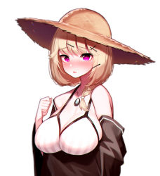 Rule 34 | 1girl, absurdres, animal ear fluff, animal ears, arknights, arm under breasts, bare shoulders, beudelb, bikini, black jacket, blush, breasts, clenched hand, commentary, fang, grey bikini, hat, highres, jacket, jewelry, korean commentary, large breasts, light brown hair, long hair, looking at viewer, necklace, off shoulder, official alternate costume, open clothes, open jacket, open mouth, purple eyes, simple background, skin fang, solo, straw hat, striped bikini, striped clothes, swimsuit, swimsuit cover-up, upper body, utage (arknights), utage (summer flowers) (arknights), white background