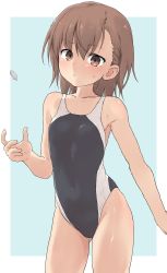 Rule 34 | 10s, 1girl, 2019, absurdres, bare arms, bare hips, bare shoulders, black one-piece swimsuit, blue background, blush, brown eyes, brown hair, closed mouth, coin, collarbone, commentary request, competition swimsuit, contrapposto, cowboy shot, female focus, gluteal fold, groin, hair between eyes, highleg, highleg swimsuit, highres, looking at viewer, matching hair/eyes, misaka mikoto, one-piece swimsuit, school swimsuit, short hair, solo, standing, sweat, swimsuit, thighs, toaru kagaku no railgun, toaru majutsu no index, tokiwadai school swimsuit, two-tone background, upper body, white background, yakihebi