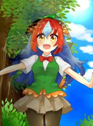 Rule 34 | 10s, 1girl, :d, beige skirt, bird wings, black pantyhose, blue hair, blue sky, blush, bow, bowtie, bush, buttons, cloud, cowboy shot, day, eyelashes, gradient hair, green hair, green pheasant (kemono friends), green vest, hair between eyes, head wings, hicoten, kemono friends, long hair, looking at viewer, multicolored hair, open hands, open mouth, outdoors, outstretched arms, pantyhose, pleated skirt, pocket, red bow, red bowtie, red hair, shirt, short sleeves, skirt, sky, smile, solo, spread arms, sun, sunlight, tareme, tree, vest, white shirt, wings, yellow eyes