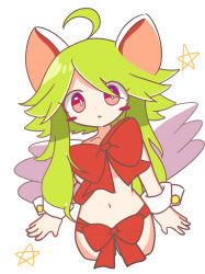 Rule 34 | 1girl, absurdres, animal ears, blush stickers, green hair, highres, mad rat dead, mouse (animal), mouse ears, mouse girl, naked ribbon, nippon ichi, rat god, red eyes, ribbon, wings, wrist cuffs