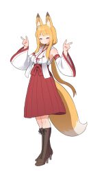 Rule 34 | 1girl, ahoge, animal ear fluff, animal ears, bell, blonde hair, blush, boots, choker, closed eyes, closed mouth, commission, cross-laced footwear, detached sleeves, double fox shadow puppet, fox ears, fox shadow puppet, fox tail, full body, high-waist skirt, high heel boots, high heels, japanese clothes, kuroshiro gurei, lace-up boots, miko, neck bell, original, red skirt, skeb commission, skirt, sleeveless, smile, solo, standing, tail, transparent background