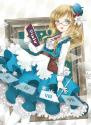 Rule 34 | 1girl, blonde hair, blue dress, blue hat, dress, glasses, green eyes, hat, long hair, notebook, open mouth, paintbrush, picture frame, pixiv, pouch, roman numeral, solo, tomoshibi (vdn), white legwear
