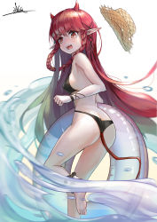 Rule 34 | 1girl, absurdres, ankle cuffs, arknights, ass, bare arms, bare legs, bare shoulders, barefoot, bikini, black bikini, braid, breasts, fang, feet out of frame, hat, highres, hongshao tang gua, horns, innertube, long hair, looking at viewer, official alternate costume, open mouth, pointy ears, red eyes, red hair, signature, simple background, small breasts, solo, standing, standing on one leg, sun hat, swim ring, swimsuit, tail, thighs, twin braids, unworn hat, unworn headwear, v-shaped eyebrows, very long hair, vigna (arknights), vigna (casual vacation) (arknights), water, white background