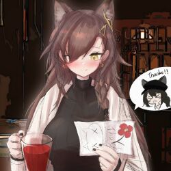 Rule 34 | 1girl, animal ears, arknights, arshuw, black nails, black sweater, blush, braid, breasts, brown hair, character request, cup, drink, earrings, hair between eyes, highres, holding, holding cup, jacket, jewelry, large breasts, long hair, mole, mole above eye, mole above mouth, note, official alternate costume, open clothes, open jacket, penance (arknights), penance (occasionally flushed) (arknights), smile, solo, sweater, thank you, upper body, white jacket, wolf ears, wolf girl, yellow eyes