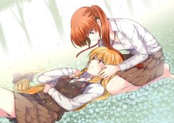 Rule 34 | 2girls, ana c. sanchez, black bow, blonde hair, blue eyes, bow, brown skirt, collared shirt, fate testarossa, hair bow, lap pillow, long hair, long sleeves, looking at another, looking down, looking up, lying, lyrical nanoha, multiple girls, on back, pleated skirt, red eyes, shirt, sitting, skirt, spanish commentary, takamachi nanoha, very long hair, yuri