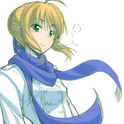 Rule 34 | 1girl, ahoge, artoria pendragon (all), artoria pendragon (fate), blonde hair, blue scarf, breath, coat, fate/stay night, fate (series), fue (rhomphair), green eyes, hair ribbon, official alternate costume, ribbon, saber (fate), scarf, simple background, solo, upper body, white background