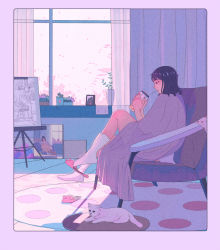 Rule 34 | 1girl, black hair, border, cat, couch, curtains, drink, easel, holding, holding drink, indoors, leaf, medium hair, morncolour, original, pink footwear, plant, potted plant, profile, purple border, purple theme, rug, slippers, socks, solo, white cat, white socks, window