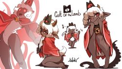 Rule 34 | 1girl, animal ears, bell, black skin, cape, capelet, colored skin, crown, cult of the lamb, full body, furry, furry female, furry male, glowing, goat horns, highres, horns, kate wong, knife, looking at viewer, monster girl, neck bell, red crown (cult of the lamb), red eyes, squatting, tentacles, the lamb (cult of the lamb), white hair
