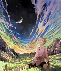 Rule 34 | 1girl, androgynous, arm support, bad id, bad pixiv id, bandages, bike shorts, bird, cloud, crescent moon, grass, green eyes, green hair, imoya (imoyat), leaning back, matching hair/eyes, moon, nature, original, panorama, sandals, scenery, schenu, short hair, sky, solo, star (symbol), sunset