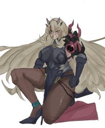 Rule 34 | 1girl, blonde hair, blood, blood on face, cham-bn-cham, barghest (fate), barghest (second ascension) (fate), fate/grand order, fate (series), green eyes, heterochromia, high heels, highres, long hair, muscular, muscular female, red eyes, simple background, thick thighs, thighs, very long hair, white background