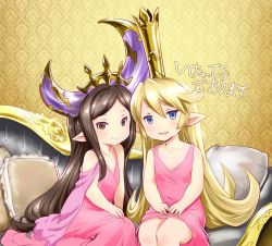 Rule 34 | 2girls, :d, arulumaya, blonde hair, blue eyes, blush, brown eyes, brown hair, charlotta (granblue fantasy), collarbone, commentary request, couch, crown, dress, from side, granblue fantasy, harvin, harvin, highres, jpeg artifacts, long hair, looking at viewer, multiple girls, open mouth, pillow, pink dress, pointy ears, side-by-side, sitting, smile, very long hair, wallpaper (object), zanzi